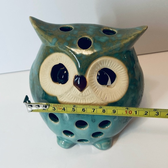 Cute Glazed Ceramic Owl 6” Tall Tea Light Votive Candle Holder Green Turquoise - Picture 6 of 6
